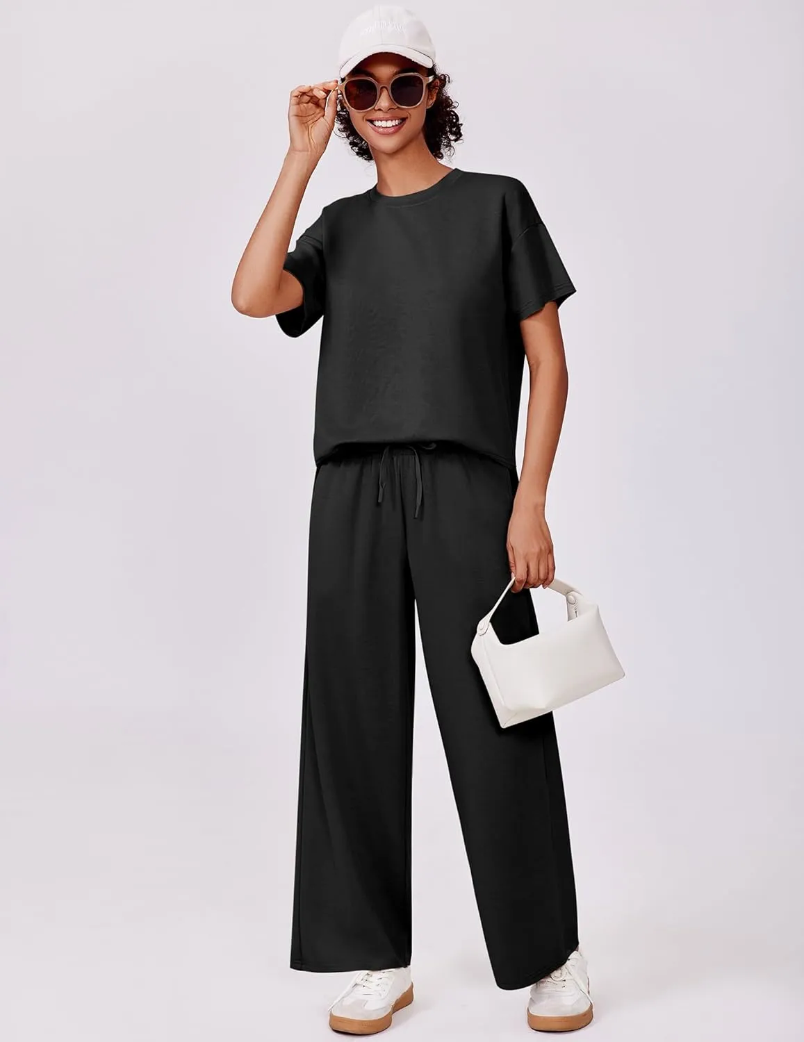 PINSPARK 2 Piece Sets for Women Soft Short Sleeve Matching Lounge Set Wide Leg Pants Tracksuit Travel Summer Outfits 2025