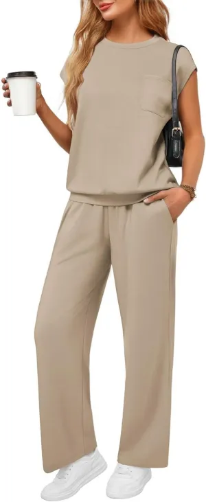PINSPARK 2 Piece Sets for Women Summer Lounge Set Cap Sleeves Sweatsuit Cropped Wide Leg Pants 2025 Matching Travel Tracksuit