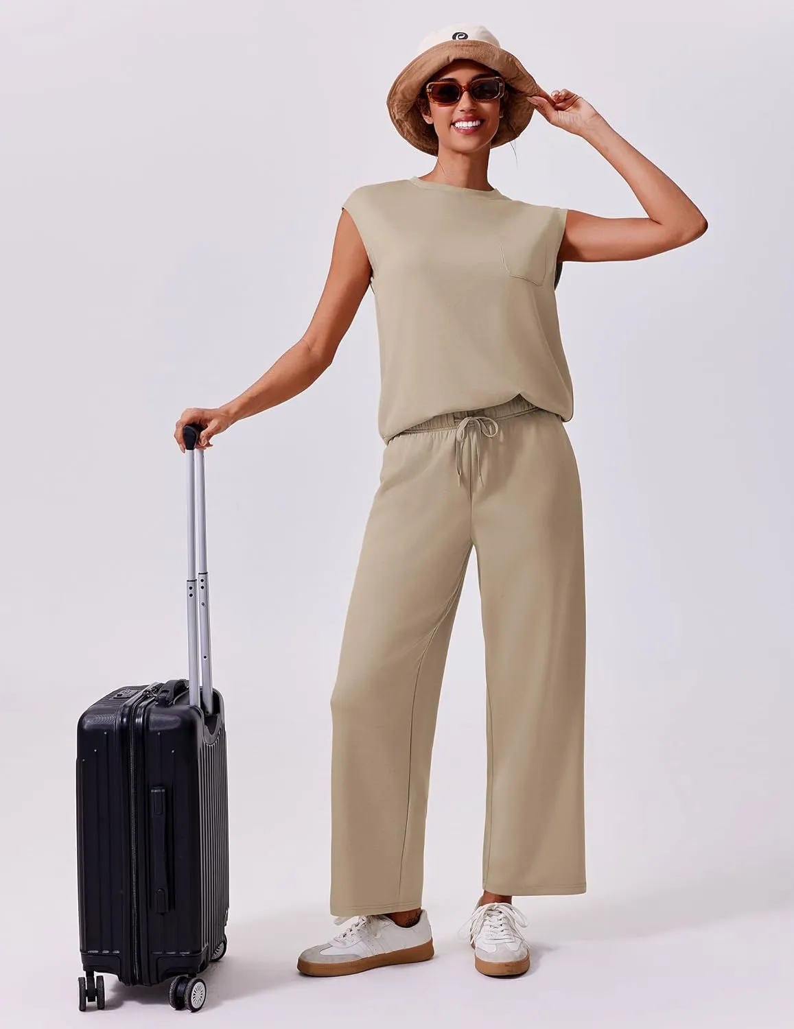 PINSPARK 2 Piece Sets for Women Summer Lounge Set Cap Sleeves Sweatsuit Cropped Wide Leg Pants 2025 Matching Travel Tracksuit