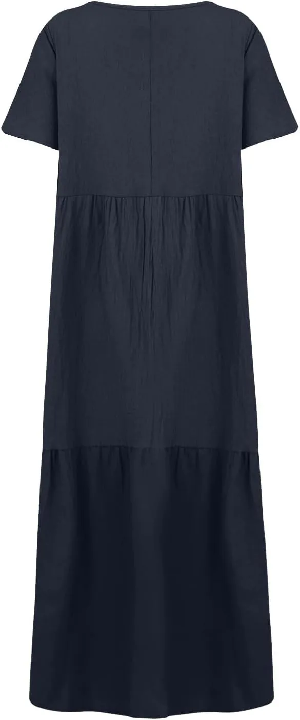 Plus Size Maxi Dresses for Curvy Women Summer Linen Dress Short Sleeve V Neck Long Sundress Flowy Beach Dress