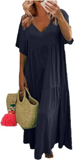 Plus Size Maxi Dresses for Curvy Women Summer Linen Dress Short Sleeve V Neck Long Sundress Flowy Beach Dress