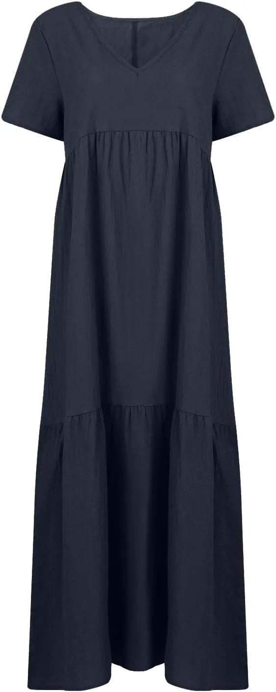 Plus Size Maxi Dresses for Curvy Women Summer Linen Dress Short Sleeve V Neck Long Sundress Flowy Beach Dress
