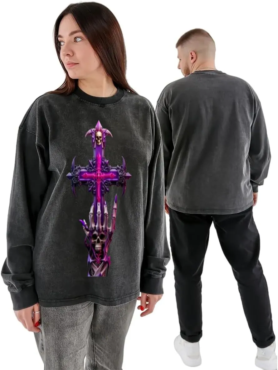 Praying Angel with Wings Vintage Long-Sleeved Denim Jacket Shirt Men's Round Neck Sports T-Shirt