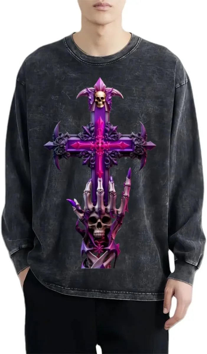Praying Angel with Wings Vintage Long-Sleeved Denim Jacket Shirt Men's Round Neck Sports T-Shirt