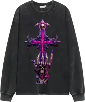 Praying Angel with Wings Vintage Long-Sleeved Denim Jacket Shirt Men's Round Neck Sports T-Shirt