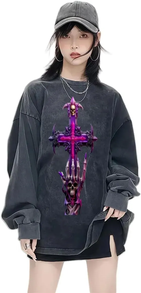 Praying Angel with Wings Vintage Long-Sleeved Denim Jacket Shirt Men's Round Neck Sports T-Shirt