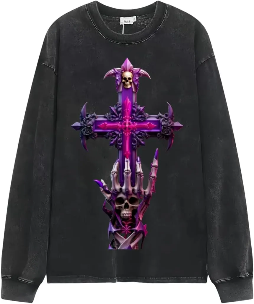 Praying Angel with Wings Vintage Long-Sleeved Denim Jacket Shirt Men's Round Neck Sports T-Shirt