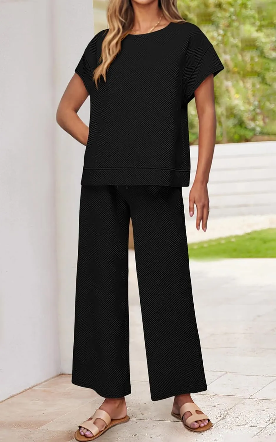 PRETTYGARDEN 2 Piece Outfits For Women Casual Tracksuit Short Sleeve Tops And Wide Leg Long Pants Matching Lounge Sets