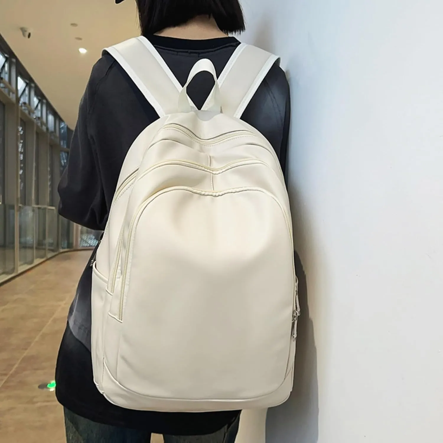 PU Leather Laptop Backpack for Women & Men, Carry On Backpack College Backpack, Anti-Theft Travel Bag (White)