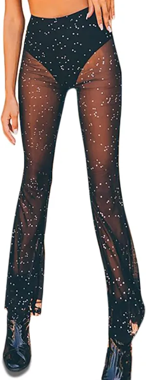 Rave Outfit for Women Outfit Festival Dance Clubwear Bell Bottom Mesh Sheer Pants