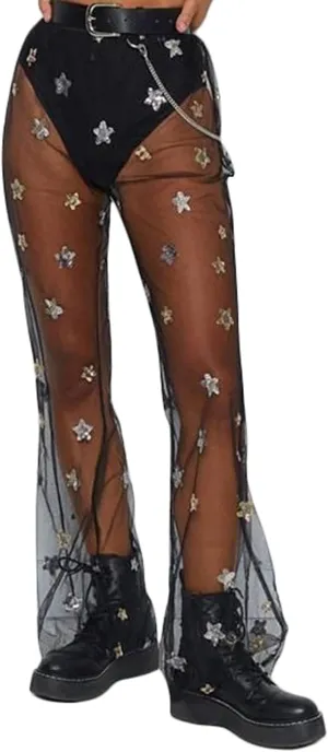 Rave Outfit for Women Outfit Festival Dance Clubwear Bell Bottom Mesh Sheer Pants