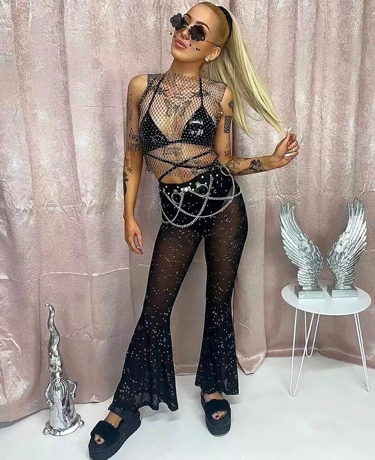 Rave Outfit for Women Outfit Festival Dance Clubwear Bell Bottom Mesh Sheer Pants
