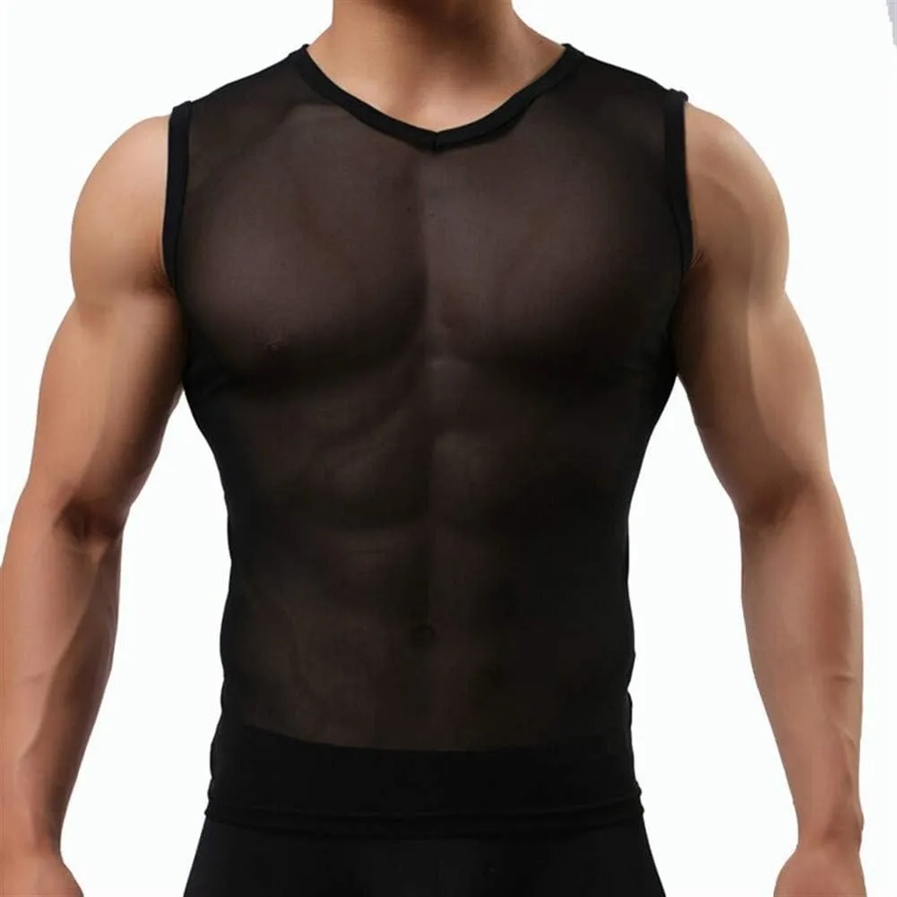 RENLIANG-CLOTH Men's Transparent Vest Mesh See Through Undershirts Nylon Sheer Slim Fitness Tops Men Dance Stage Clothing
