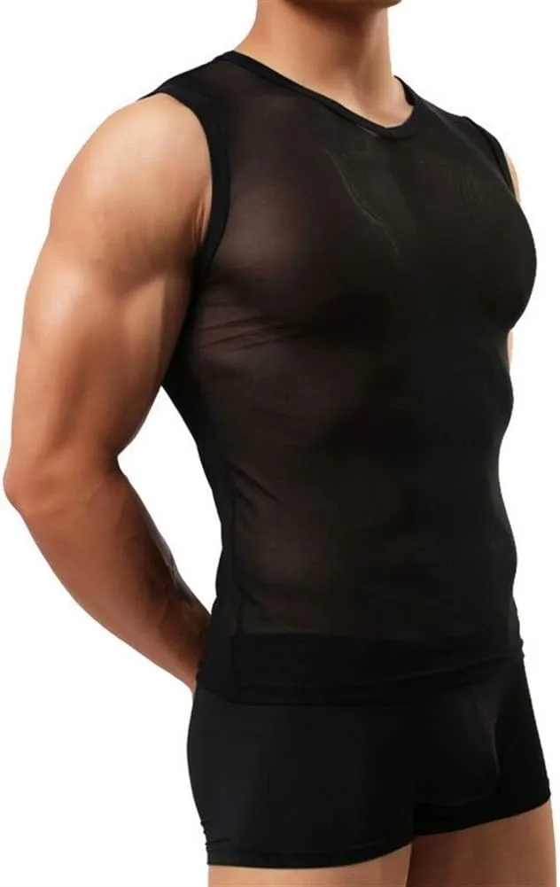 RENLIANG-CLOTH Men's Transparent Vest Mesh See Through Undershirts Nylon Sheer Slim Fitness Tops Men Dance Stage Clothing