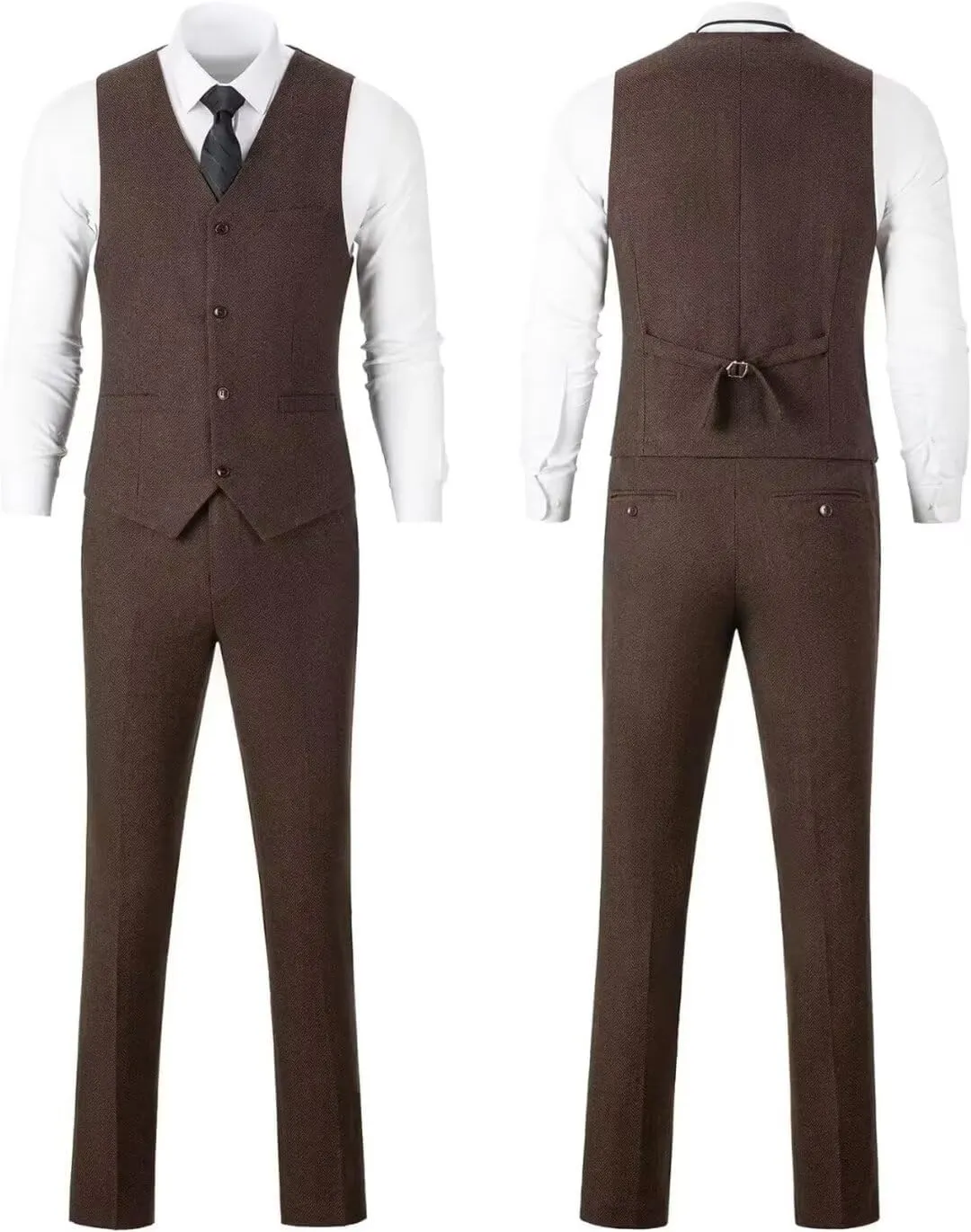 Retro 3 Piece Herringbone Tweed Suit Men's Wool Tuxedos Set Prom Brown Jacket Blazer Vest Pants Themed Wedding