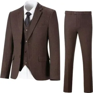 Retro 3 Piece Herringbone Tweed Suit Men's Wool Tuxedos Set Prom Brown Jacket Blazer Vest Pants Themed Wedding