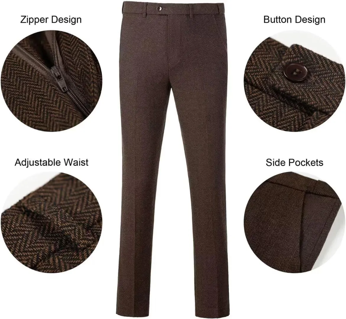 Retro 3 Piece Herringbone Tweed Suit Men's Wool Tuxedos Set Prom Brown Jacket Blazer Vest Pants Themed Wedding