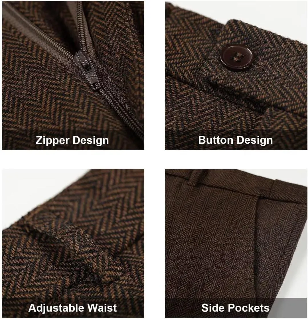 Retro 3 Piece Herringbone Tweed Suit Men's Wool Tuxedos Set Prom Brown Jacket Blazer Vest Pants Themed Wedding