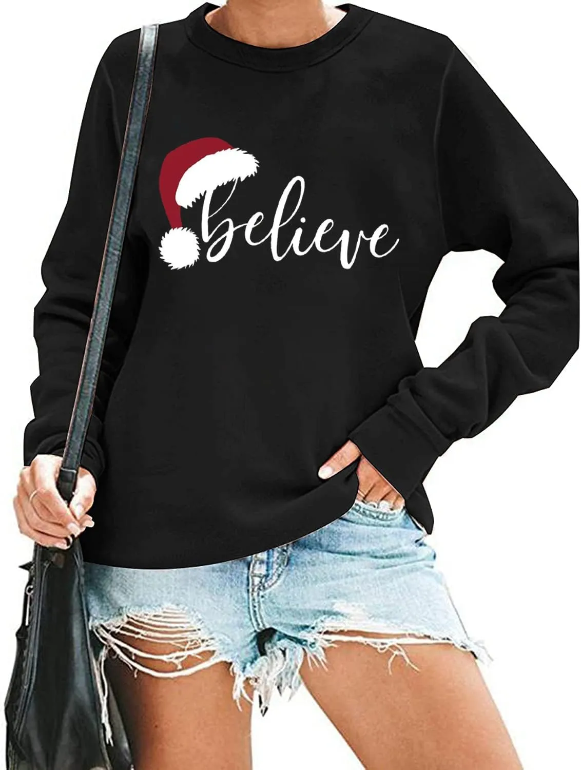 RFBIQI Christmas Believe Sweatshirt Women Cute Santa Hat Graphic Pullover Tops Letter Print Long Sleeve Casual Holiday Shirt