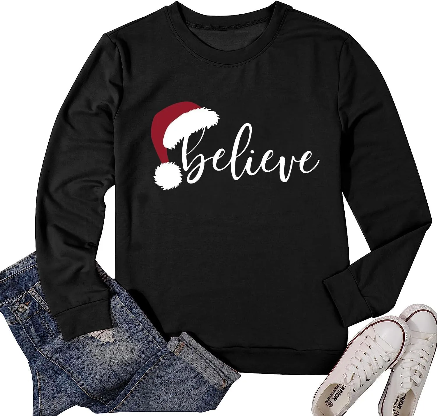RFBIQI Christmas Believe Sweatshirt Women Cute Santa Hat Graphic Pullover Tops Letter Print Long Sleeve Casual Holiday Shirt