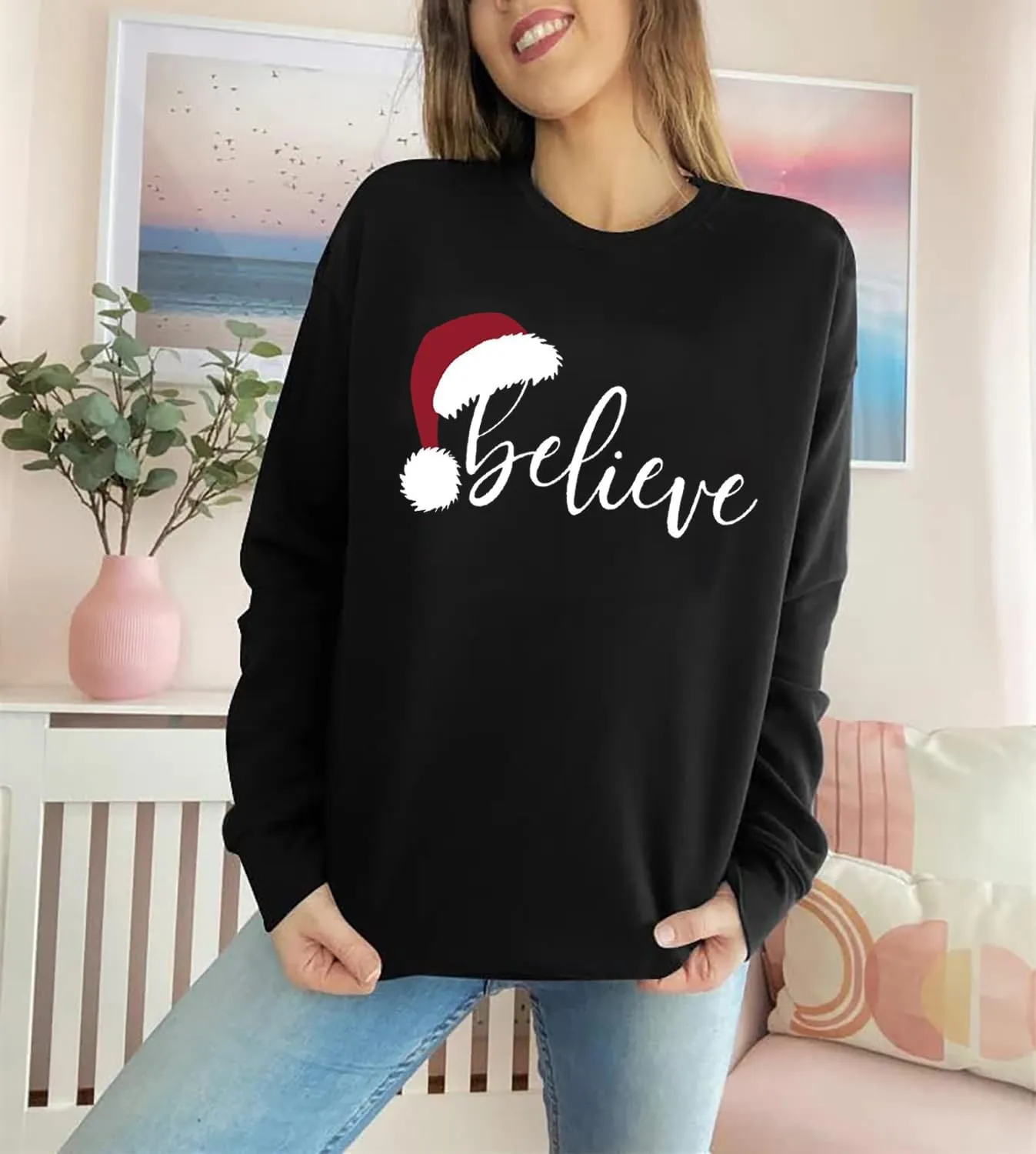 RFBIQI Christmas Believe Sweatshirt Women Cute Santa Hat Graphic Pullover Tops Letter Print Long Sleeve Casual Holiday Shirt