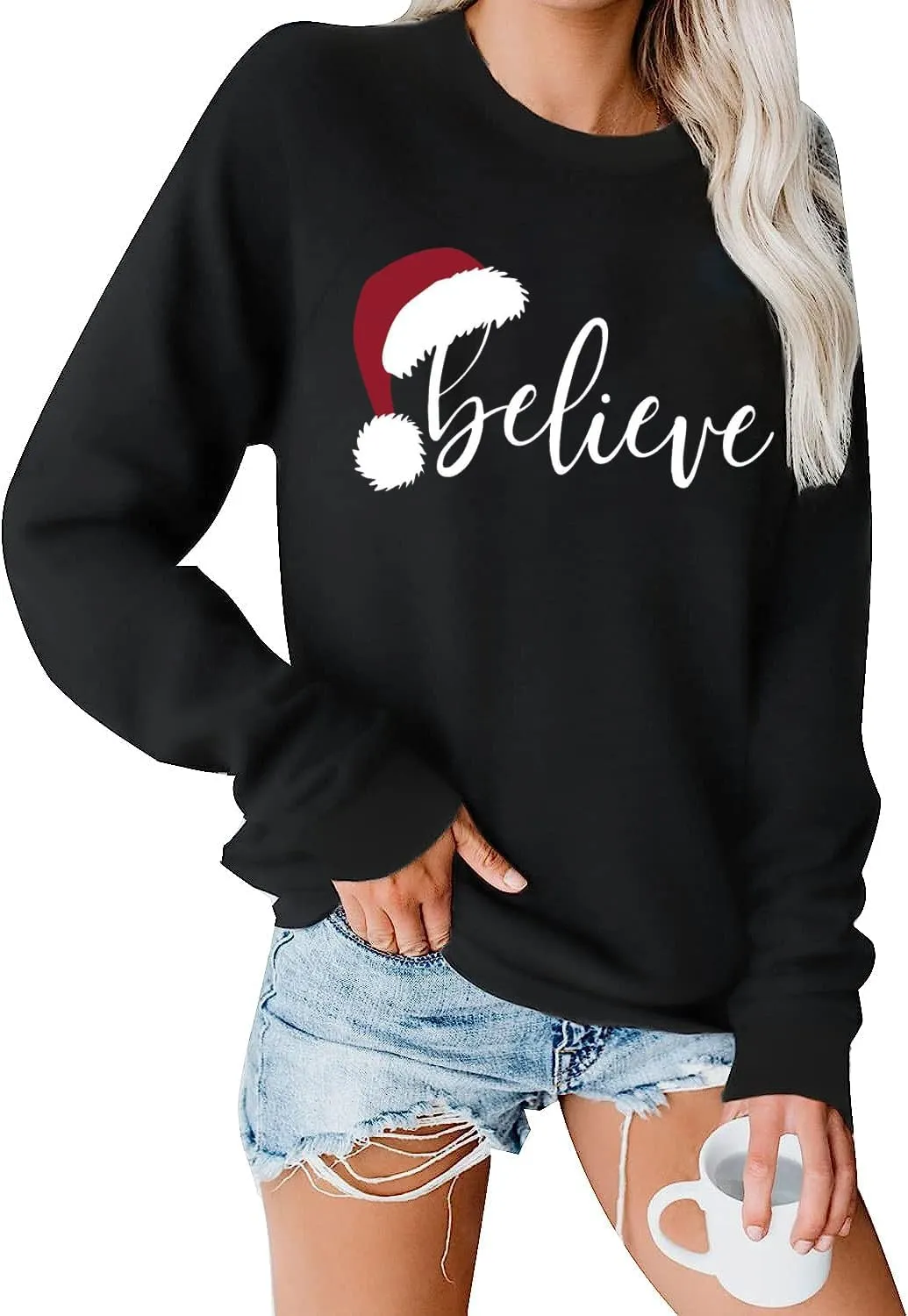 RFBIQI Christmas Believe Sweatshirt Women Cute Santa Hat Graphic Pullover Tops Letter Print Long Sleeve Casual Holiday Shirt
