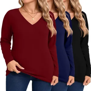 Riyiper 3 Pack Women's Plus Size T Shirt V Neck Long Sleeve Tops Loose Fit Casual Basic Elegant Tunic