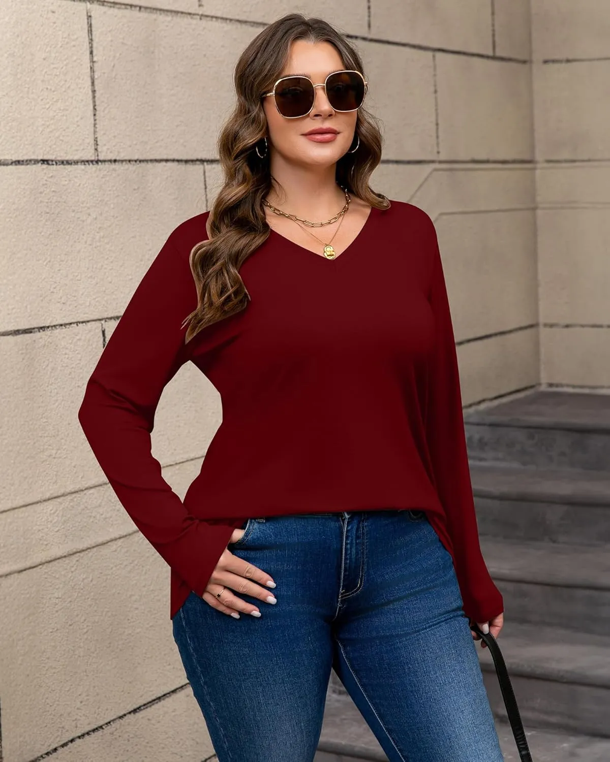 Riyiper 3 Pack Women's Plus Size T Shirt V Neck Long Sleeve Tops Loose Fit Casual Basic Elegant Tunic