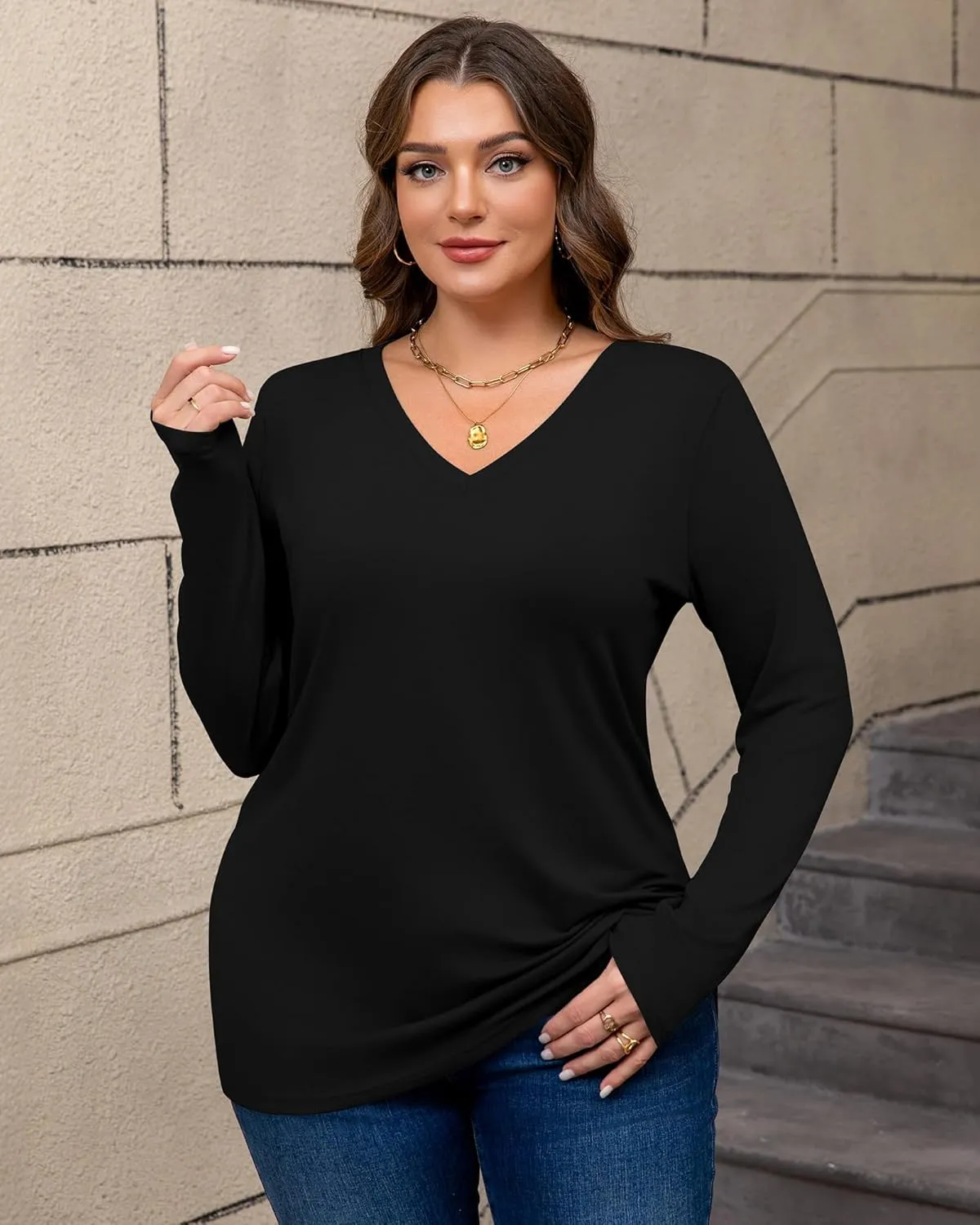 Riyiper 3 Pack Women's Plus Size T Shirt V Neck Long Sleeve Tops Loose Fit Casual Basic Elegant Tunic