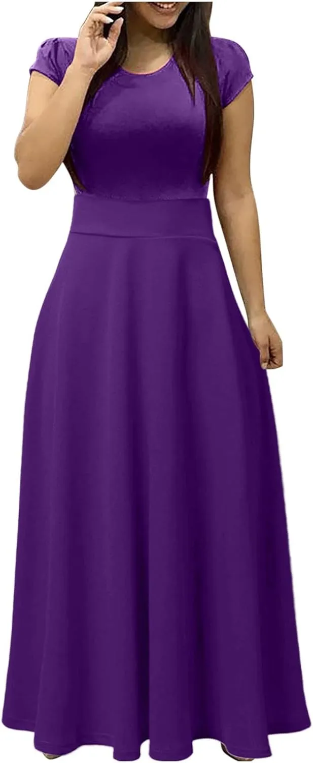 RKSTN Long Summer Dresses for Women 2025 Short Sleeve Solid Color Maxi Dress Prom Cocktail Ball Gowns Beach Party Sundresses