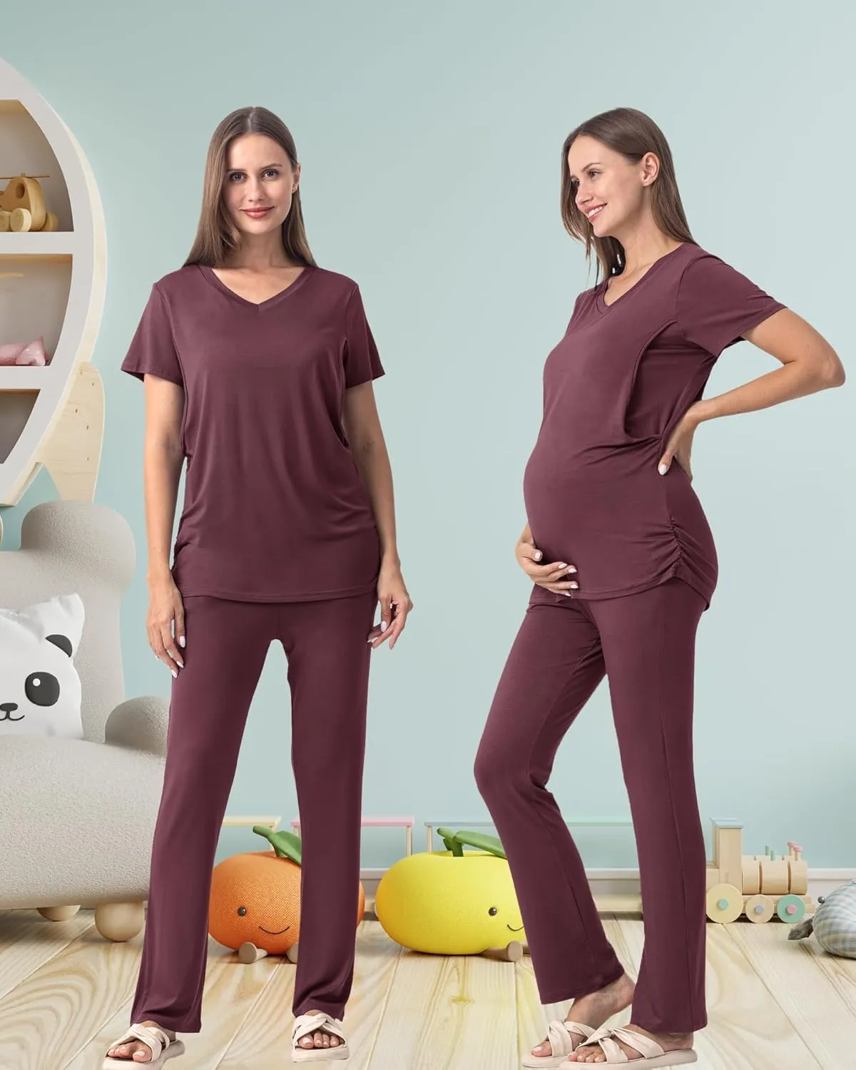 Rnxrbb V Neck Nursing Pajamas Set Postpartum Pjs Maternity Breastfeeding sleepwear for Women with Pockets 2 Pack