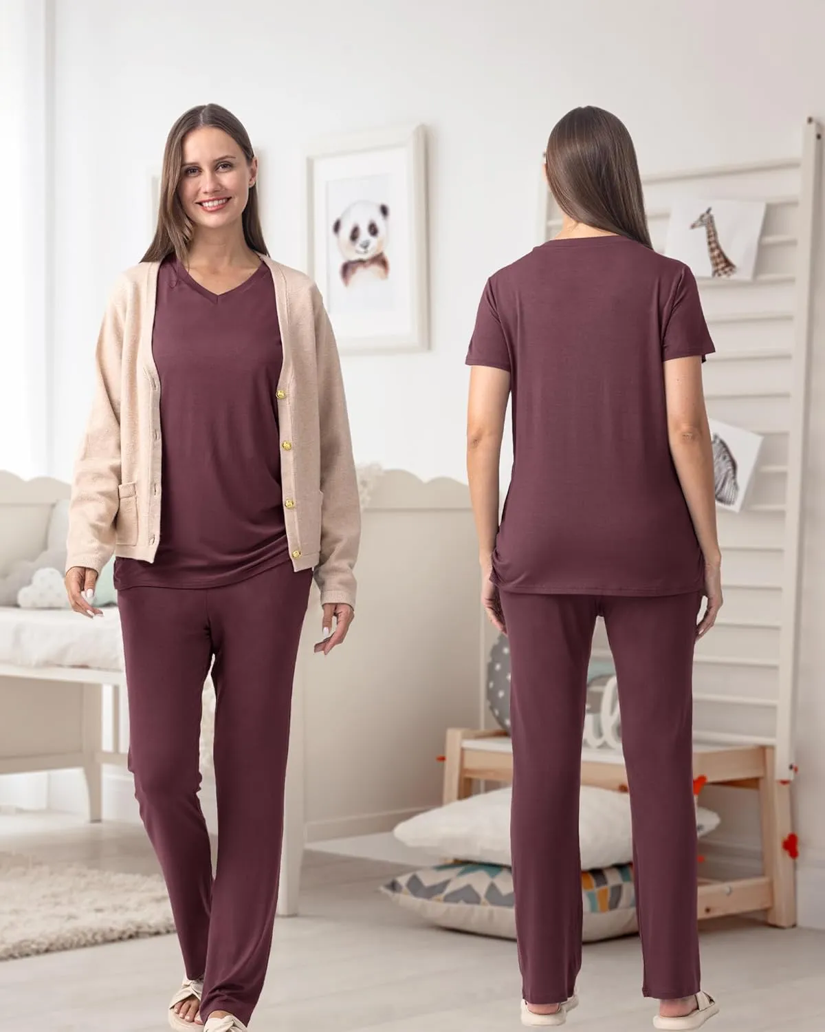 Rnxrbb V Neck Nursing Pajamas Set Postpartum Pjs Maternity Breastfeeding sleepwear for Women with Pockets 2 Pack