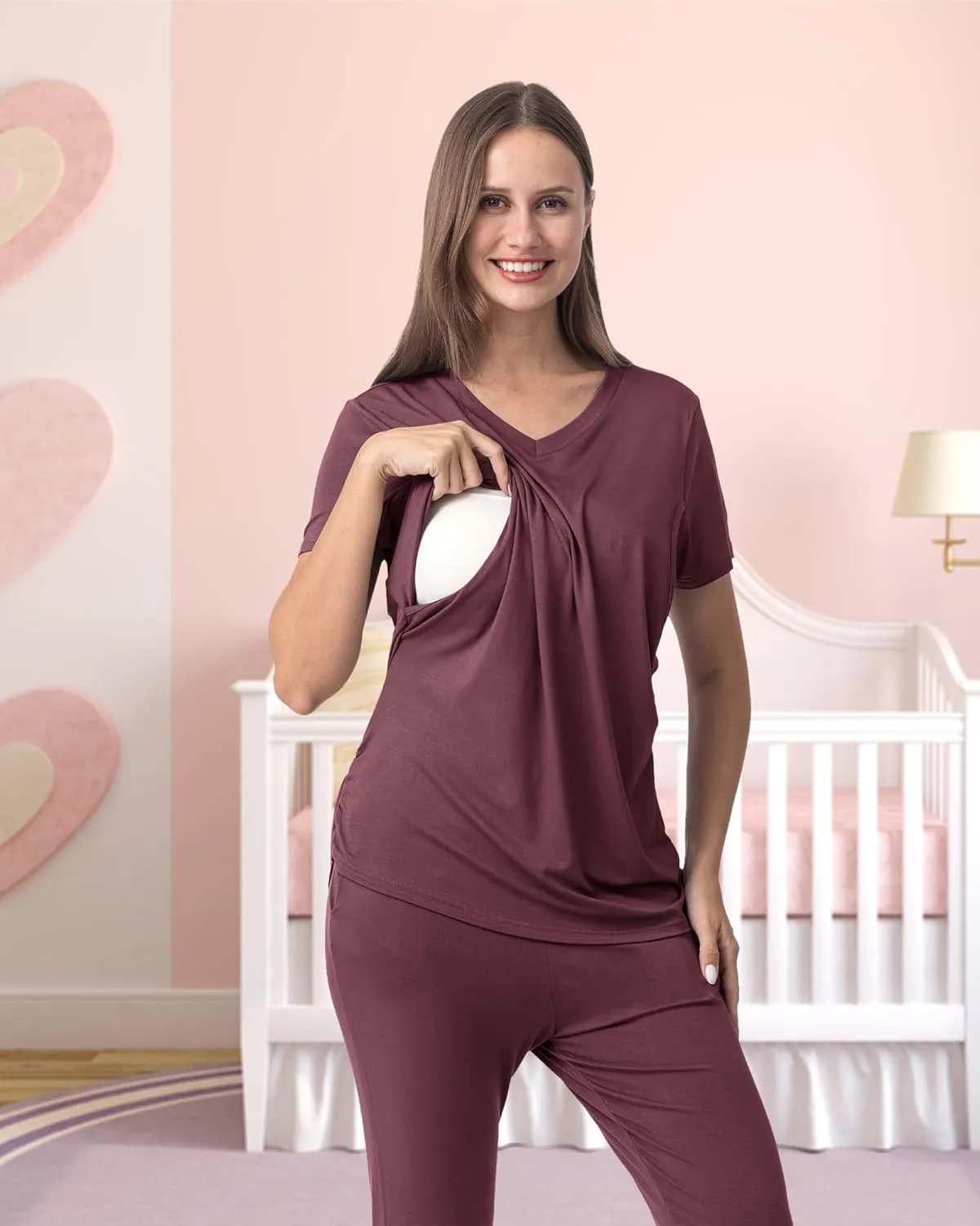 Rnxrbb V Neck Nursing Pajamas Set Postpartum Pjs Maternity Breastfeeding sleepwear for Women with Pockets 2 Pack