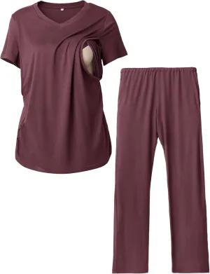 Rnxrbb V Neck Nursing Pajamas Set Postpartum Pjs Maternity Breastfeeding sleepwear for Women with Pockets 2 Pack