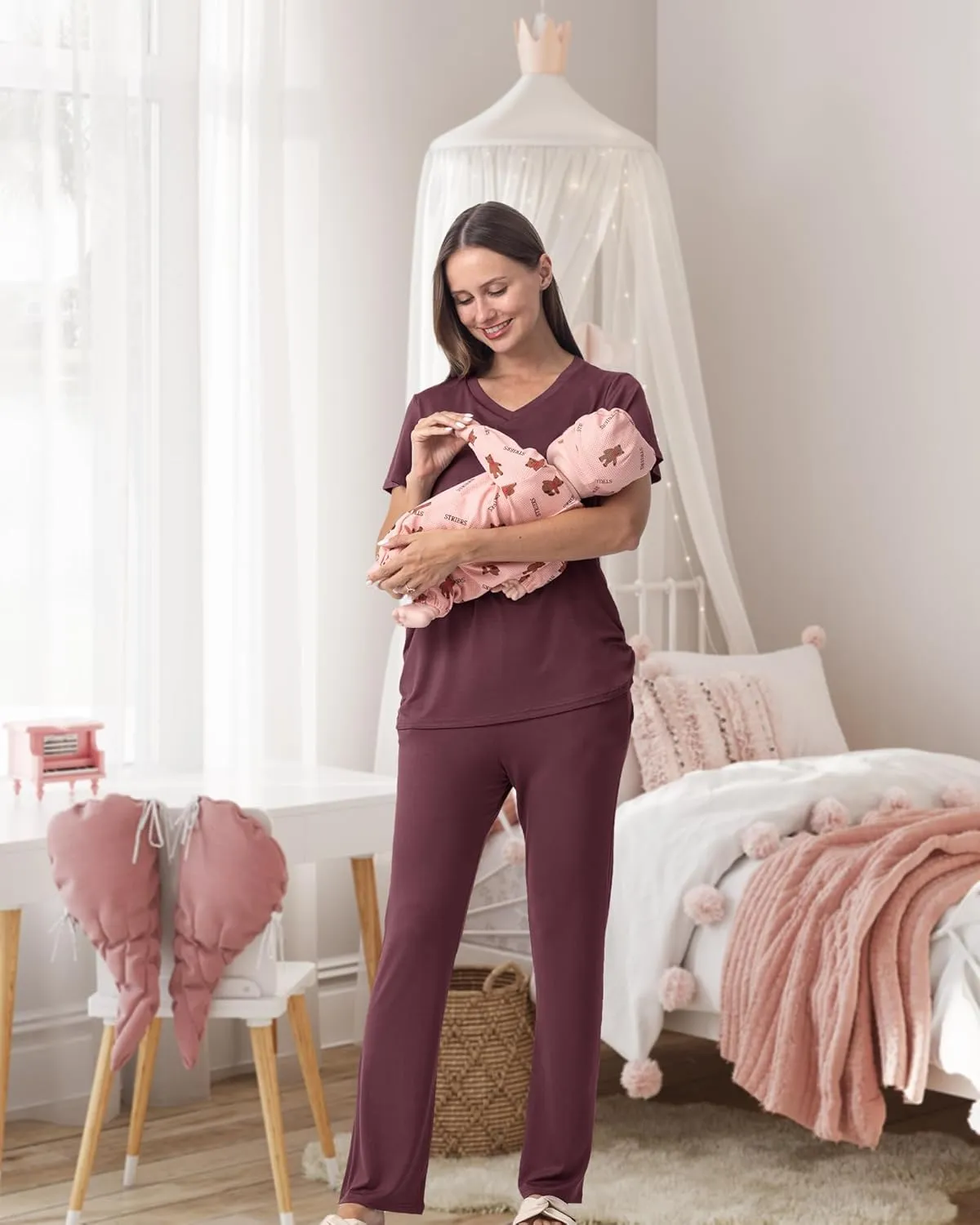 Rnxrbb V Neck Nursing Pajamas Set Postpartum Pjs Maternity Breastfeeding sleepwear for Women with Pockets 2 Pack