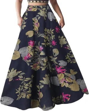 Rooscier Women's Floral Print High Waist Flare Vintage Beach A Line Maxi Skirt