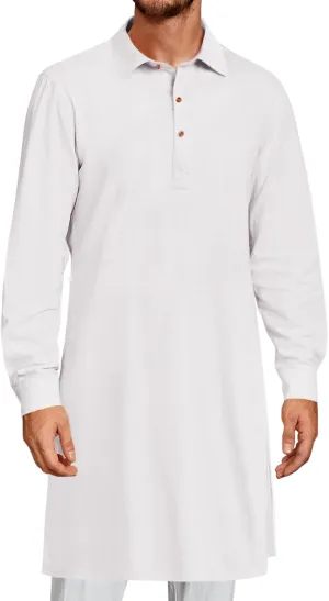 Runcati Mens Kaftan Robe Thobe Button Down Long Sleeve Cotton Linen Casual Muslim Gown Polo Shirt Kurta Tops