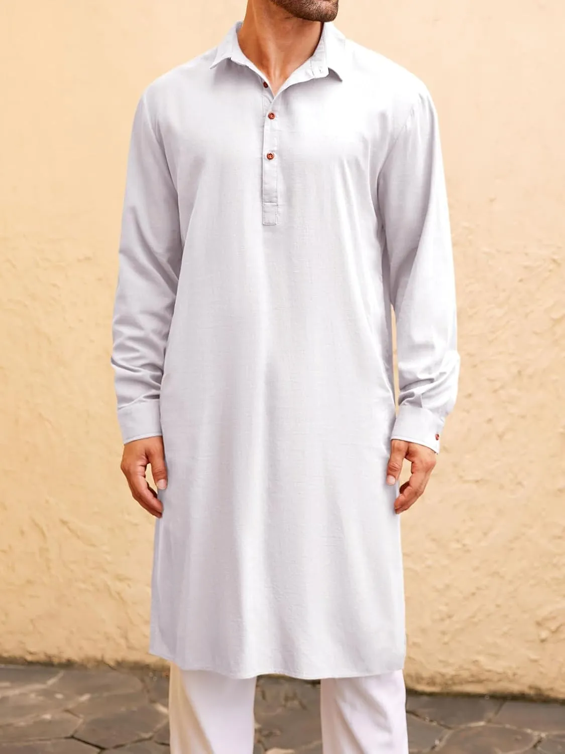 Runcati Mens Kaftan Robe Thobe Button Down Long Sleeve Cotton Linen Casual Muslim Gown Polo Shirt Kurta Tops