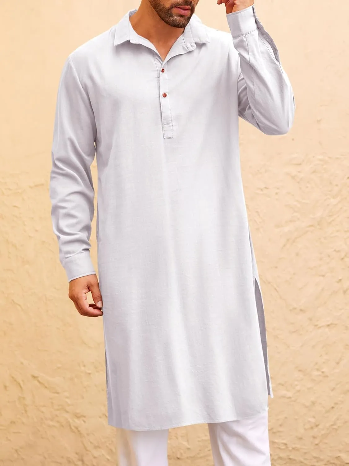 Runcati Mens Kaftan Robe Thobe Button Down Long Sleeve Cotton Linen Casual Muslim Gown Polo Shirt Kurta Tops
