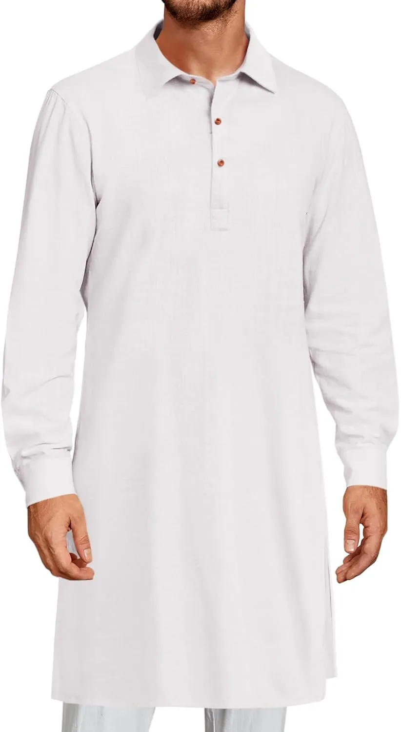 Runcati Mens Kaftan Robe Thobe Button Down Long Sleeve Cotton Linen Casual Muslim Gown Polo Shirt Kurta Tops
