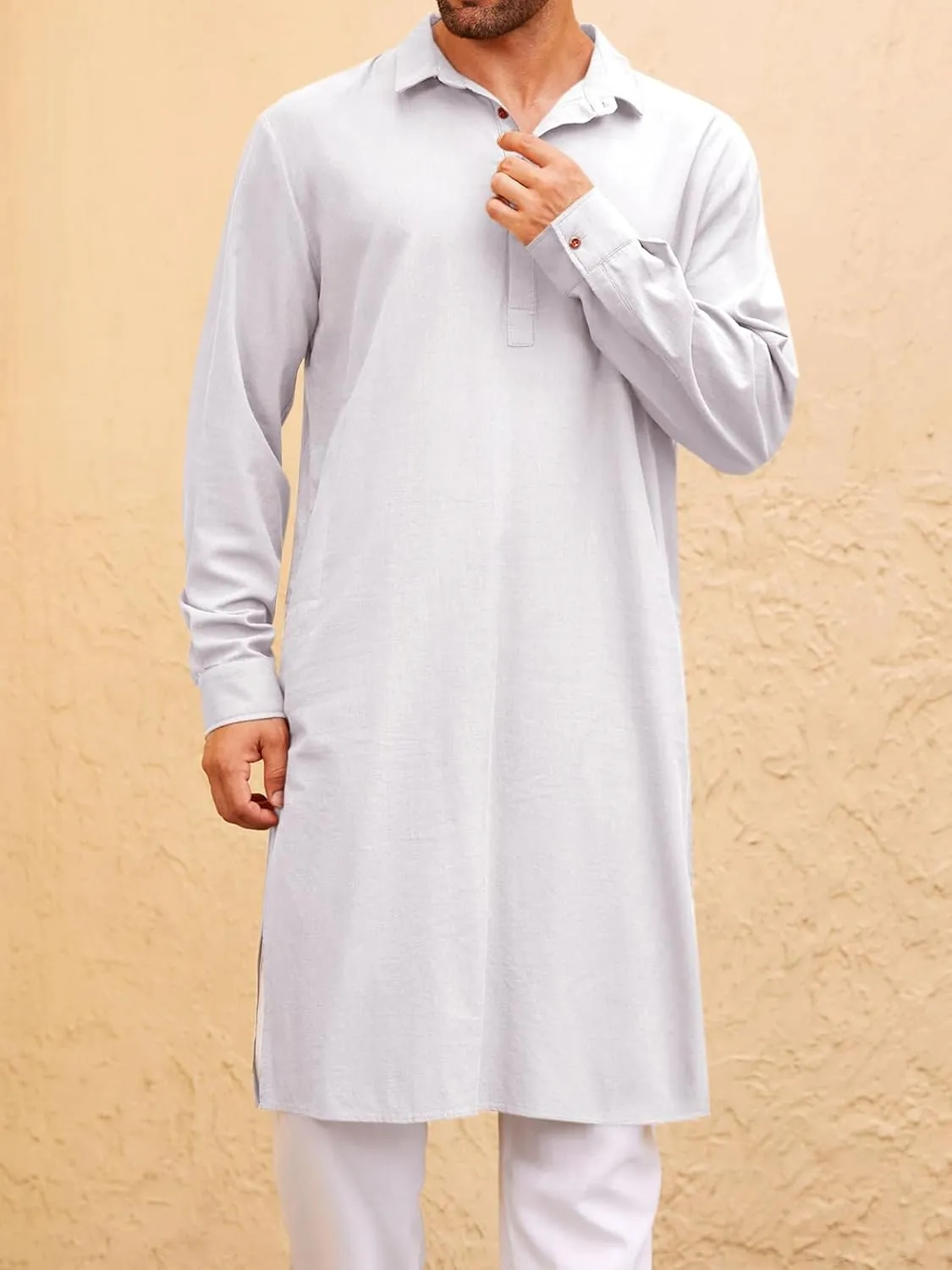 Runcati Mens Kaftan Robe Thobe Button Down Long Sleeve Cotton Linen Casual Muslim Gown Polo Shirt Kurta Tops