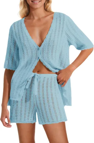 Saodimallsu Women Crochet 2 Piece Swimsuit Cover Up Short Sleeve Knit Tops Shorts Sets Summer Beach Vacation Outfit