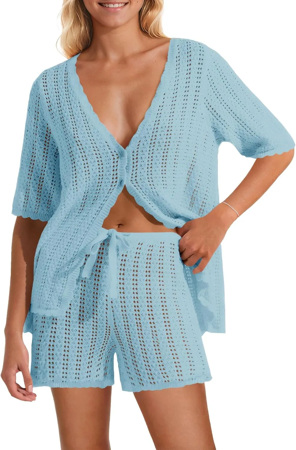 Saodimallsu Women Crochet 2 Piece Swimsuit Cover Up Short Sleeve Knit Tops Shorts Sets Summer Beach Vacation Outfit