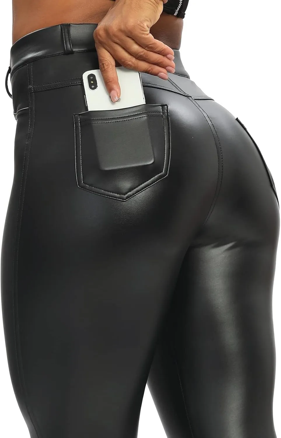 SEASUM Women's Faux Leather Leggings Pants PU Elastic Shaping Hip Push Up Black Sexy Stretchy High Waisted Tights