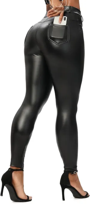 SEASUM Women's Faux Leather Leggings Pants PU Elastic Shaping Hip Push Up Black Sexy Stretchy High Waisted Tights
