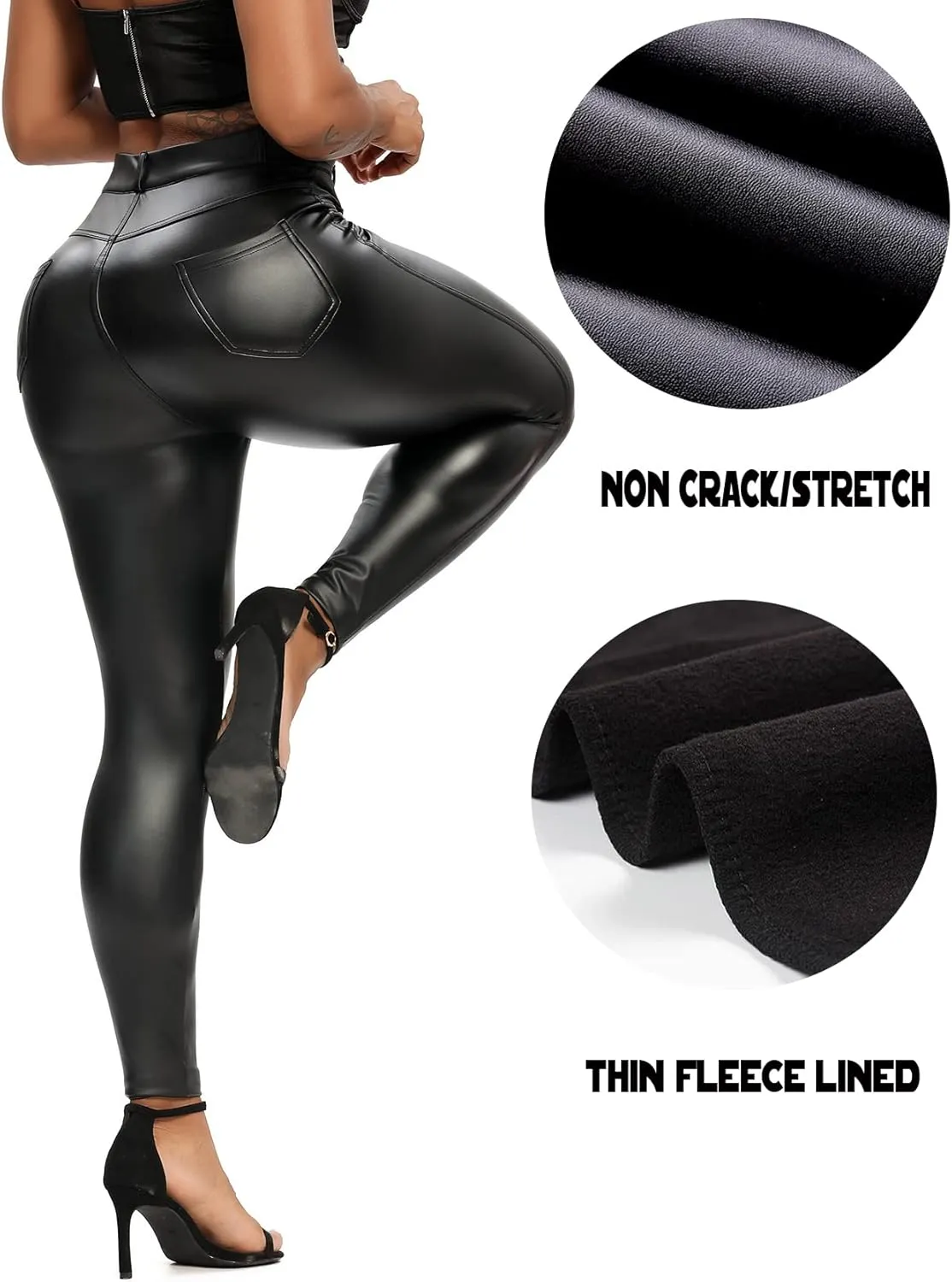 SEASUM Women's Faux Leather Leggings Pants PU Elastic Shaping Hip Push Up Black Sexy Stretchy High Waisted Tights