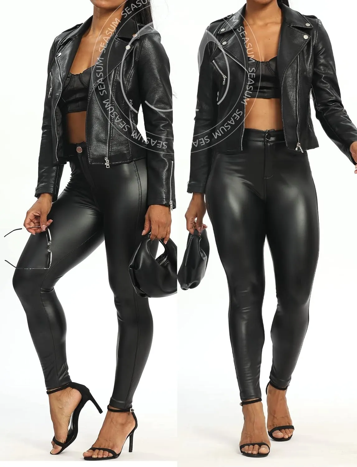SEASUM Women's Faux Leather Leggings Pants PU Elastic Shaping Hip Push Up Black Sexy Stretchy High Waisted Tights