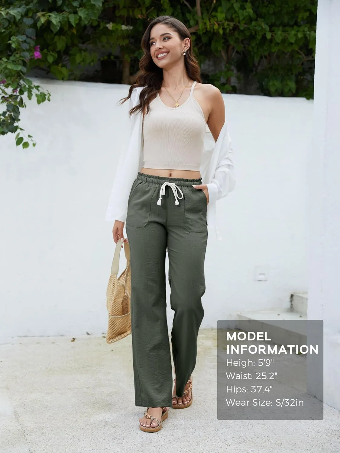 SEVEGO Tall Women Casual Linen Pants 30"/32"/34"/36" Inseam Drawstring Smocked Waist Beach Summer Trousers with Pockets