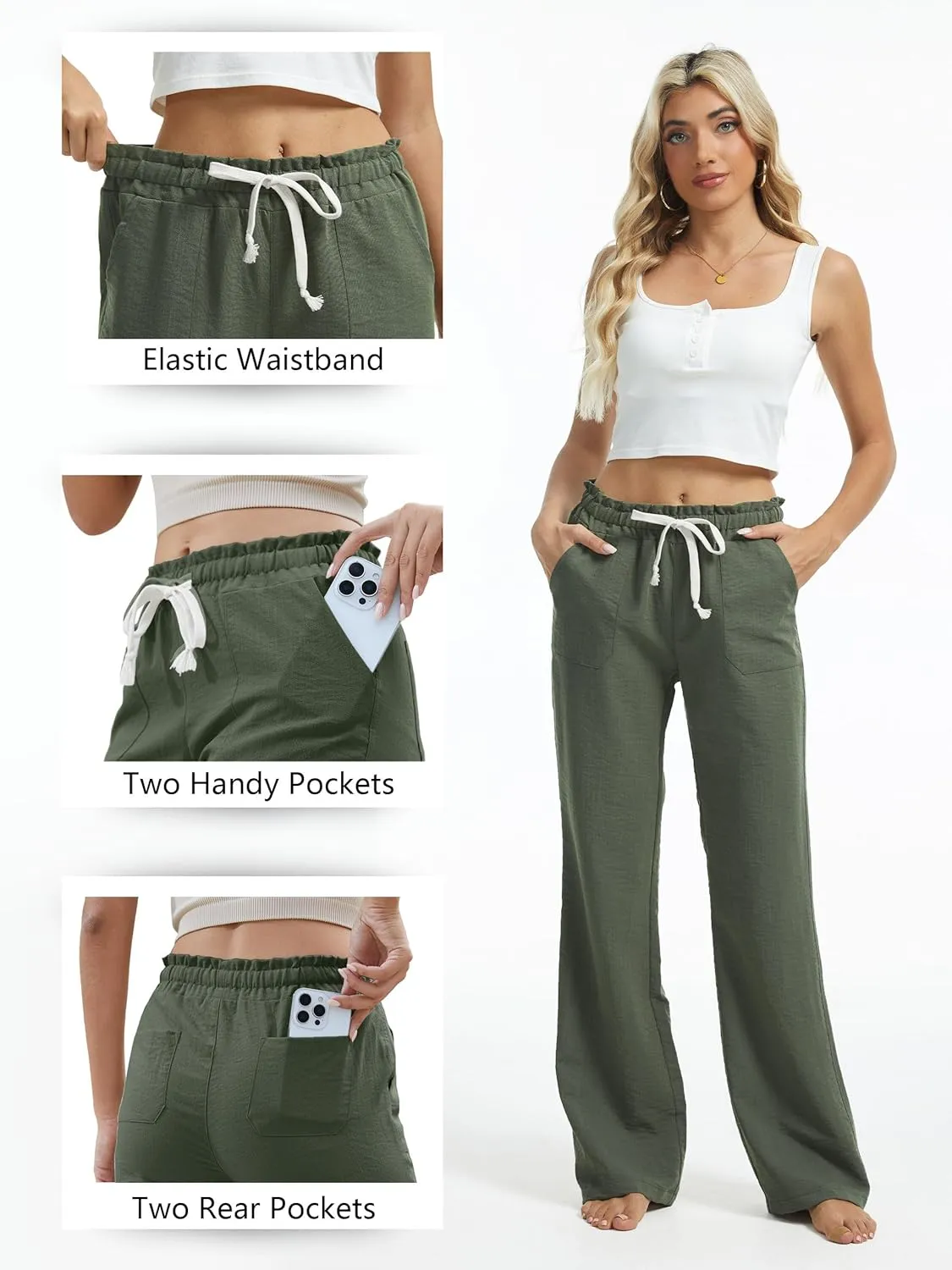 SEVEGO Tall Women Casual Linen Pants 30"/32"/34"/36" Inseam Drawstring Smocked Waist Beach Summer Trousers with Pockets