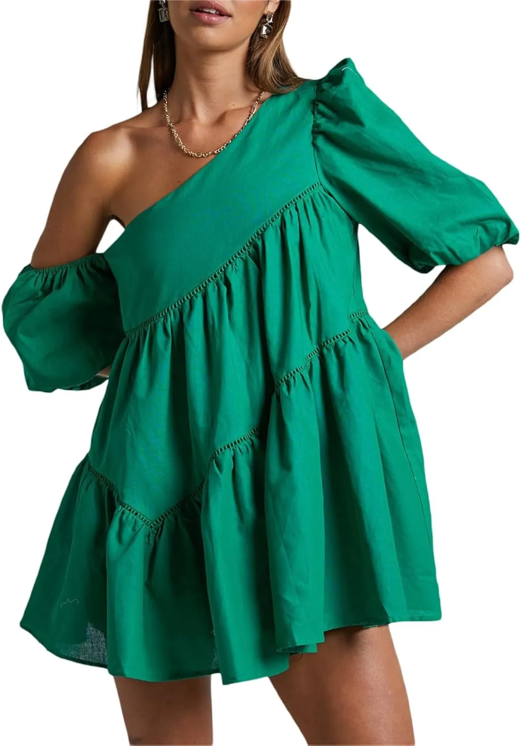 Sexy Mini Dress for Women Ruffle One Shoulder Outfits Short Puff Sleeve Cocktail Bubble Sundress Mini Skirt Sets